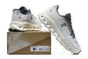 White and grey On running shoes with a box labeled Cloudmonster 3 and sample size US 8.5.