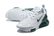 Pair of white and dark green Nike Air Max 270 sneakers shown at an angled top view.