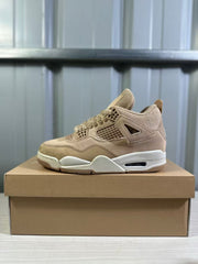 Side profile of a tan high-top sneaker with mesh panels, molded overlays, and a light midsole.