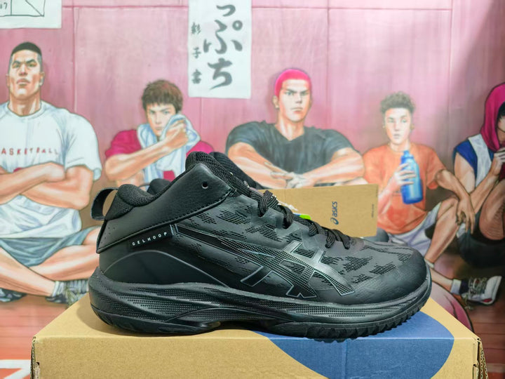 Black ASICS Gelhoop basketball shoe shown in side profile on a box.