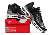 Black and white Nike Air Max Plus VII shoes displayed with a red Nike box; box label shows sample sizes 8.5 and 10.