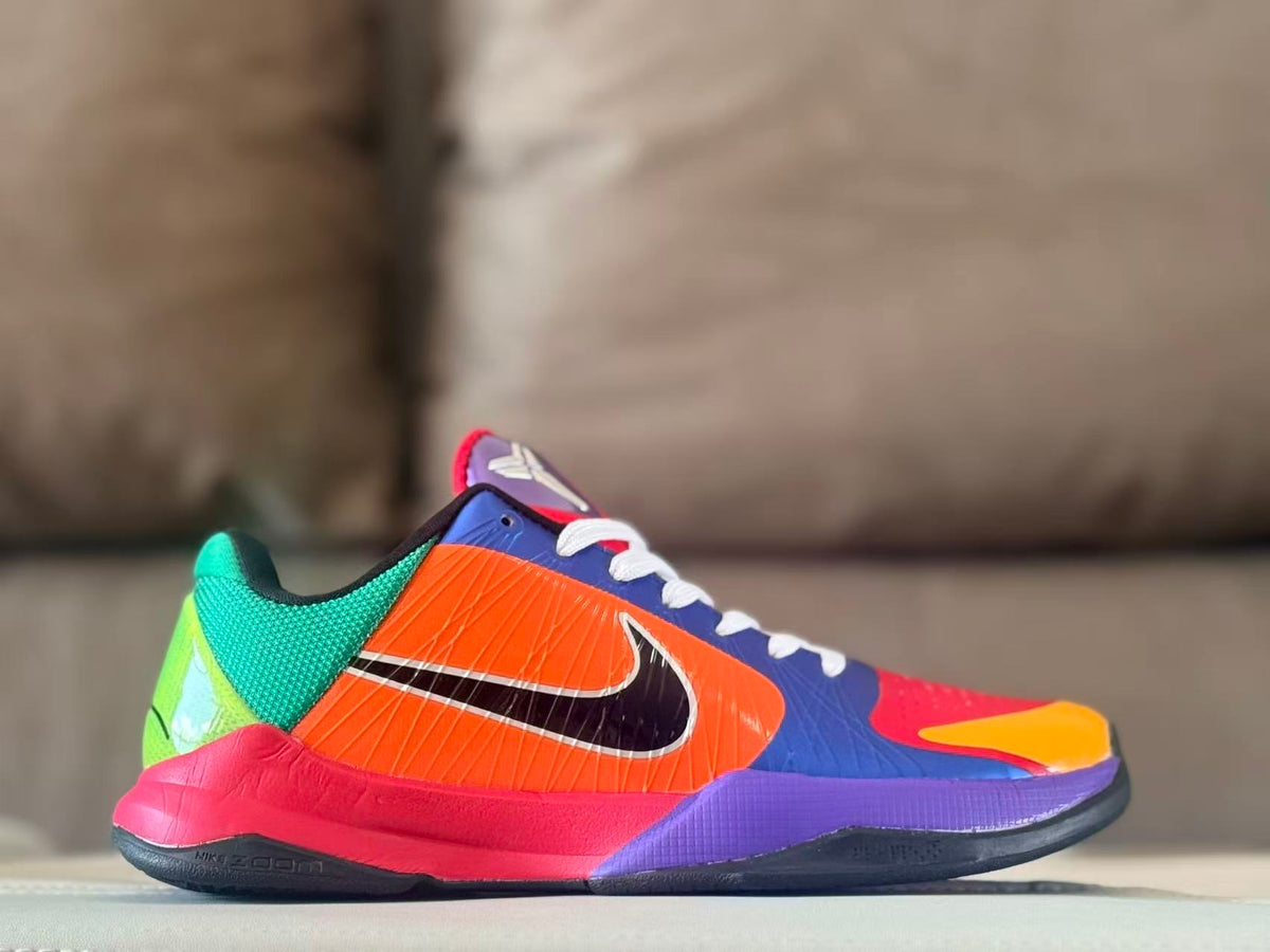 Side view of a multicolor Nike Kobe 5 Brunson PE basketball shoe