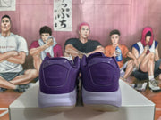Rear view of purple Jordan basketball sneakers showing padded heel panels and lavender midsoles.