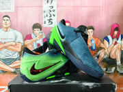 Pair of Nike basketball shoes in neon green, blue, and black, shown from the side and at an angle.