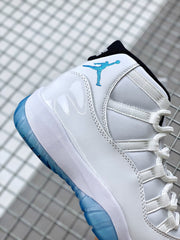 Side close-up showing blue Jumpman branding and layered white upper panels.
