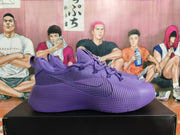 Side profile of a purple Nike sneaker showing the Swoosh logo and molded outsole.