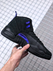 Side profile showing the black high-top silhouette, textured side panel, and purple accent.