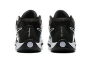 Rear view showing padded collars, black heel panels, white accents, and circular heel detailing.