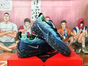 Angled view of blue and green Nike basketball shoes showing the side panels and sculpted soles