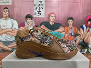 Side view of a brown Nike sneaker with camouflage-patterned panels, a purple Swoosh and a textured rubber outsole.