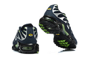 Rear and outsole views of navy Nike Air Max Plus sneakers with lime-green accents.