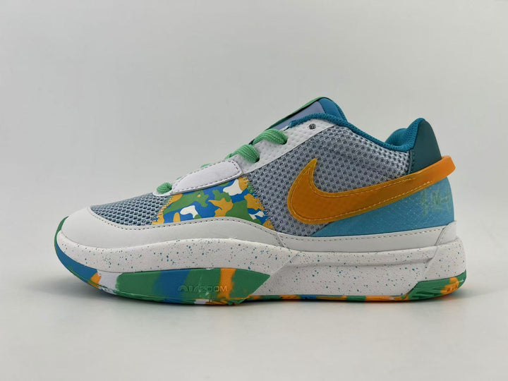 Side view of a multicolor Nike low-top basketball shoe with gray mesh panels, a white midsole, teal and green accents, and an orange Swoosh