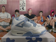 Side profile of a white and blue Jordan 4-style sneaker showing mesh panels, structural overlays, and a sole window.