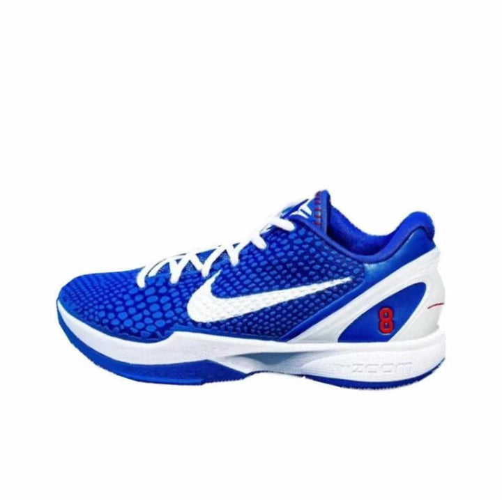 Blue and white Kobe 6 basketball sneaker with a textured upper and white side swoosh.