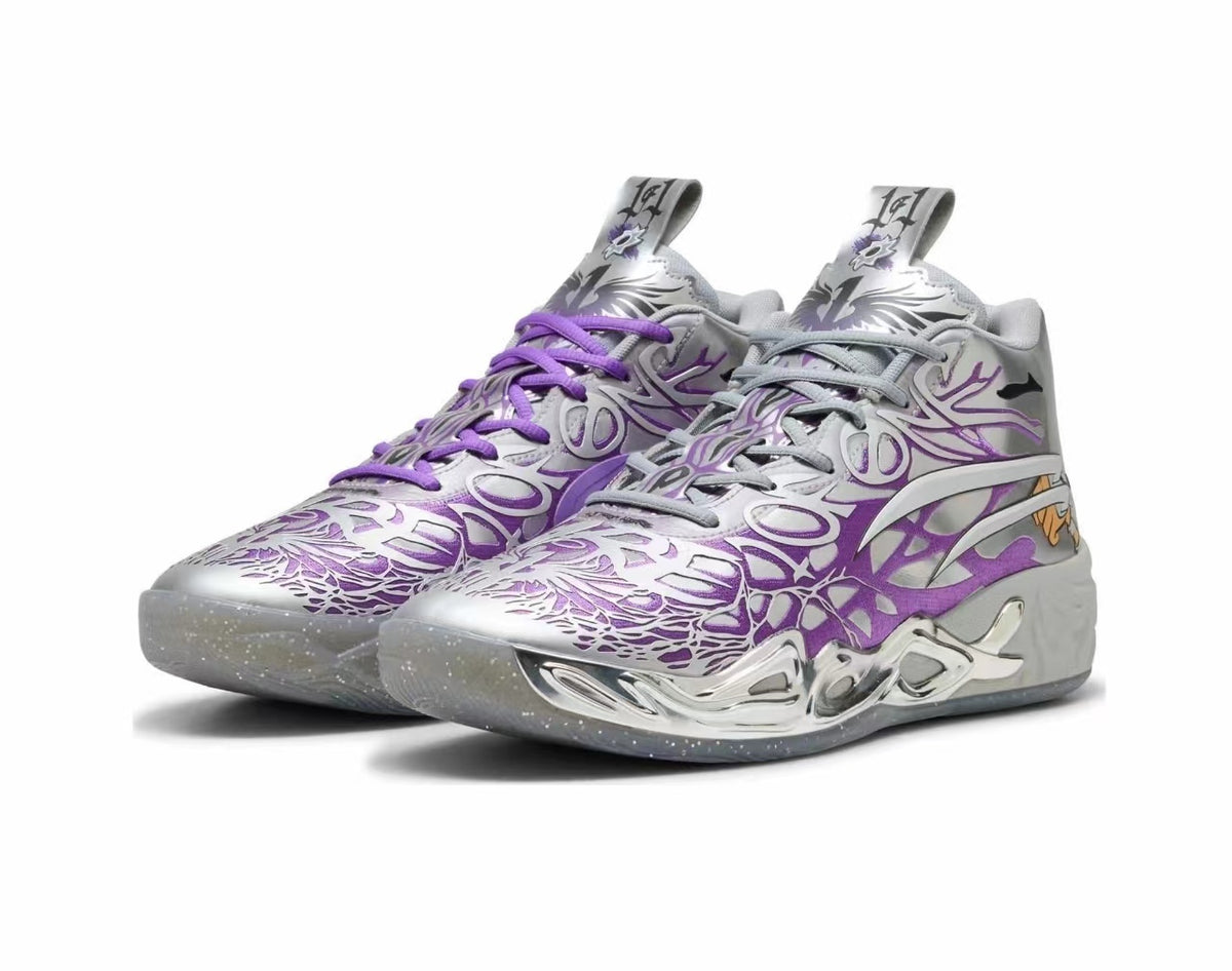 Pair of grey and purple high-top basketball-style sneakers with graphic overlays and sculpted soles on a white background.