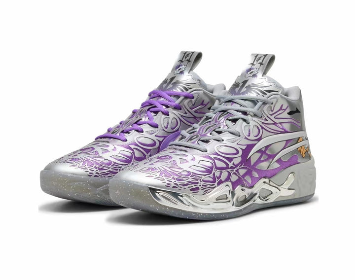Pair of grey and purple high-top basketball-style sneakers with graphic overlays and sculpted soles on a white background.