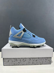 Side profile of a University Blue Jordan Air Jordan 4 sneaker displayed on a shoebox.