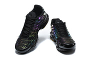 Two black Nike Air Max Plus sneakers shown from front and top angles.