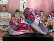 Pair of purple, pink, and blue Nike basketball shoes shown from the side and at an angle.