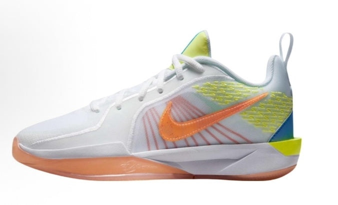 Side view of white Nike basketball sneakers with an orange Swoosh, lime and blue accents, gray paneling, and a translucent gum-toned outsole.