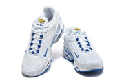 Front and top views of white Nike Air Max Plus III sneakers with blue lace loops and accents.