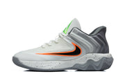 Side profile of a grey and white basketball shoe with orange and black side detail
