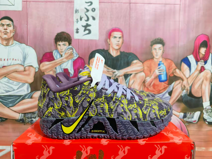 Side view of purple and yellow Nike sneakers with an all-over graphic upper, yellow Swoosh, lavender collar, and dark textured sole.