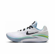 White Nike GT Cut 2 sneaker with a black Swoosh, light blue collar, and green and yellow heel accents.