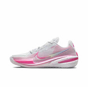 White and pink GT Cut 1 sneaker with a pink Swoosh, translucent outsole and speckled midsole details.