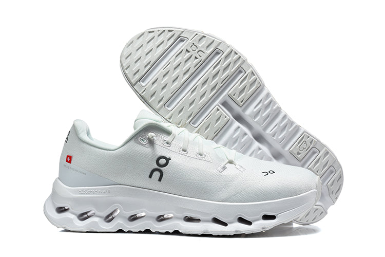 White On Cloudmonster 3 shoes shown from the side with the outsole visible.