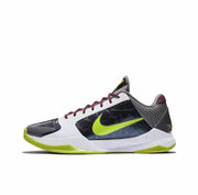 White, black, and neon green low-top Kobe 5 basketball shoe with burgundy laces.