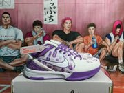 Side profile of a purple and white Nike basketball sneaker with a patterned upper and purple outsole.