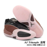 Black and brown Jordan AJ Triangle shoes with pale pink soles; image text lists sizes 40–46.