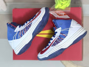 Angled views of the pair showing the high collars and blue outsoles