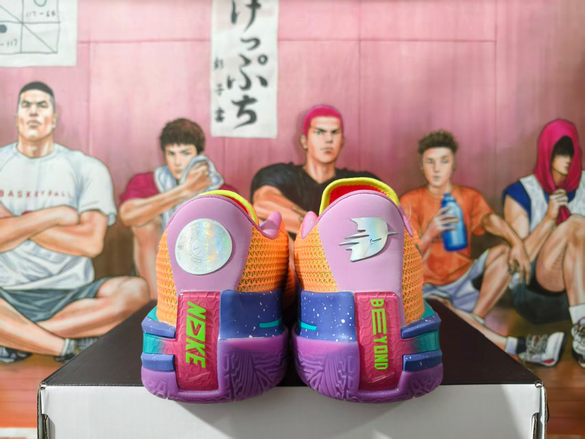 Heel view of orange basketball shoes with purple and blue details