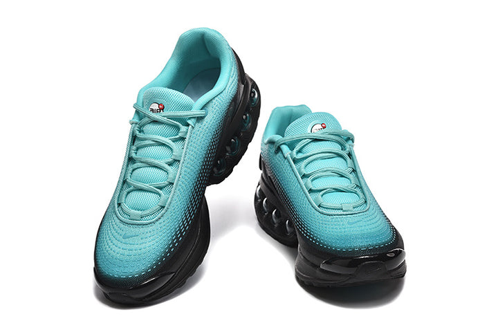 Pair of turquoise and black Nike Air Max DN sneakers shown from above and the front.