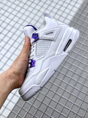 Close side view highlighting the white upper, purple lace hardware and visible air unit.
