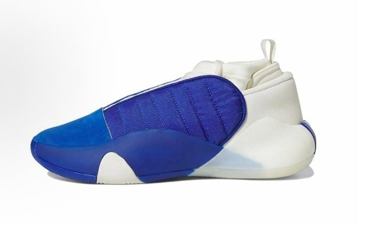Side view of blue and white high-top sneakers with contrasting stitched side panels and a padded ankle collar.