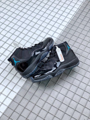 Pair of black sneakers shown together from the rear and side, with blue ankle and outsole accents.