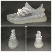 Collage showing side, front, and rear views of the silver-gray Yeezy 350 V2 sneakers.