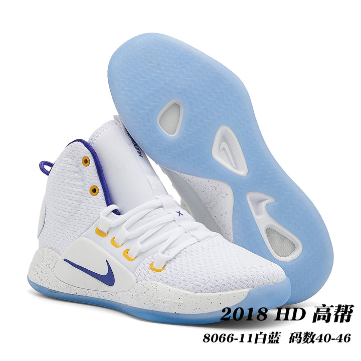 White and blue Nike Hyperdunk high-top shoes shown with a translucent blue outsole; image text gives style code 8066-11 and size range 40-46.