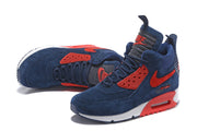 Side view of a navy and red Nike Air Max 90 SneakerBoot with visible heel Air unit