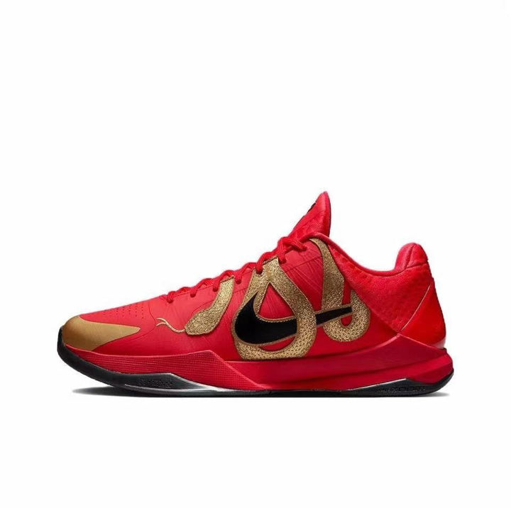 Red Nike Kobe 5-style basketball shoe with gold side graphics and a black outsole.
