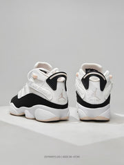 Rear view showing the black-and-white heel structure, Jordan branding, and contrasting outsole.