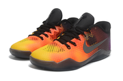 Pair of orange and yellow Kobe 11 shoes with black and purple accents, viewed from the front