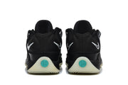 Rear view of black Nike KD basketball shoes with white heel logos and turquoise outsole details.