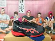 Side view of a black basketball shoe with red and white ASICS-style side detailing