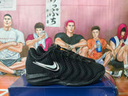 Side view of a black Nike basketball sneaker with a textured upper and silver-tone Swoosh.