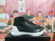 Side view of a black high-top basketball sneaker with black laces, a white midsole, and a white front marking.