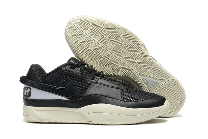 Black and white Nike Ja 1 basketball shoes with a light-colored patterned outsole.